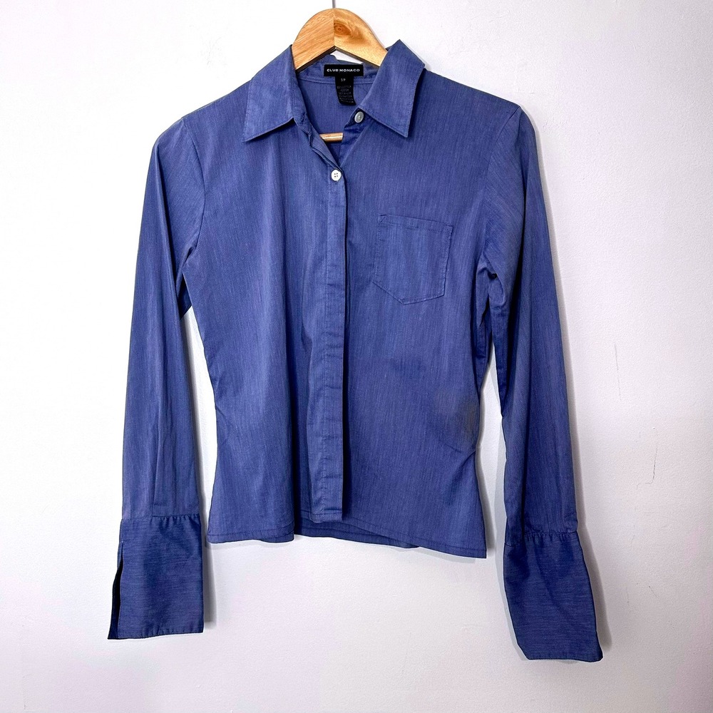 Club Monaco Shirt Small Petite Blue Cotton Long Sleeve Button Up‎ Fitted Blouse